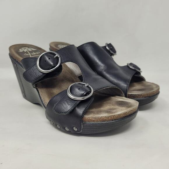 Dansko Sandals Womens EU41 US11 Black Leather Fern Wedge Sandals Buckles Studs - Picture 1 of 12